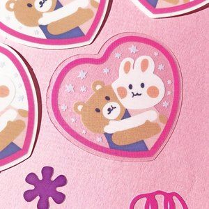 Bunny and Bear 5 CLEAR Valentine Stickers Gloss Vinyl Sticker, Valentine Sticker